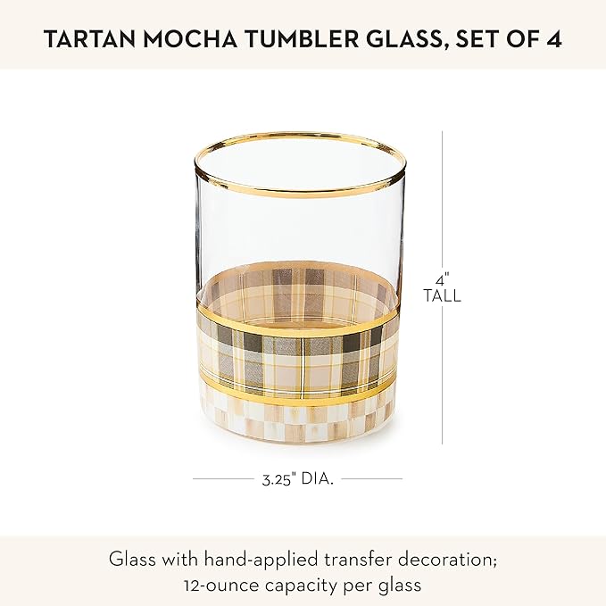 MACKENZIE-CHILDS Set of 4 Tumbler Glasses, Glass Drinkware with Gold Rims, 12 Ounces, Brown-and-White Tartan Mocha
