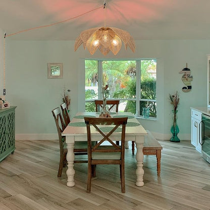 Rattan Plug in Pendant Light with 15FT Hemp Rope Cord Boho Light Fixture Can accommodate 3*E26 Bulbs of Woven Wicker Chandelier for Living Room Bedroom Dinning