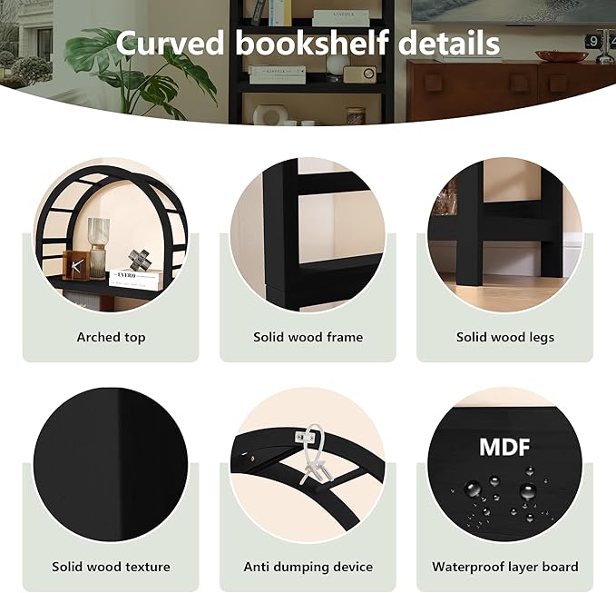 5-Tier Solid Wood Open Bookcase, Modern Arched Bookshelf, Home Office Shelf Storage Organizer, Storage Display Rack Shelf for Living Room (Black)