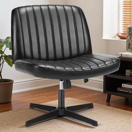 DUMOS Desk Chair No Wheels, Criss Cross Chair Wide Cross Legged Desk Vanity Chair, PU Leather Armless Adjustable Swivel Chairs for Home Computer Task Black