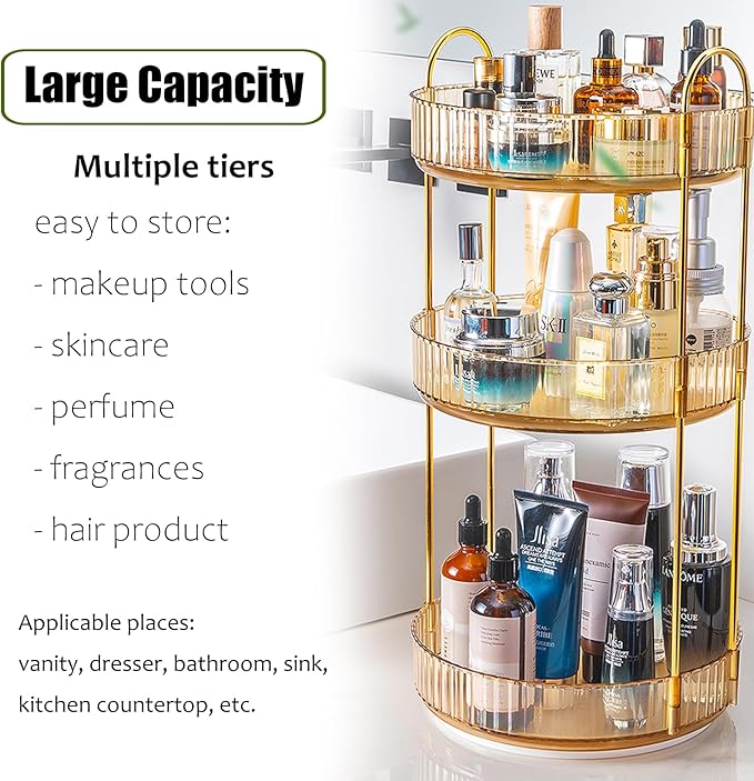 Rotating Makeup Organizer Countertop 3 Tier Lazy Susan Clear Skincare Perfume Storage for Bathroom Counter Vanity, Amber Gold