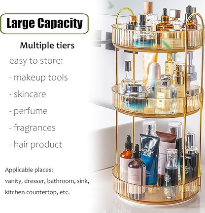 Rotating Makeup Organizer Countertop 3 Tier Lazy Susan Clear Skincare Perfume Storage for Bathroom Counter Vanity, Amber Gold