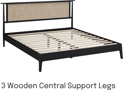 NTC Ruby Wooden Bed Frame with Headboard and Natural Rattan, Solid Oak Foundation with Silent Slats, 1000 Lb Capacity, Effortless Assembly, King - Burnt Black