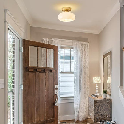 Mid-Century Modern Gold Semi Flush Mount Ceiling Light, Kitchen Ceiling Light Fixture with Glass Shade, Mini White Close to Ceiling Lamp for Entryway Hallway Bathroom (8.66 Inch)