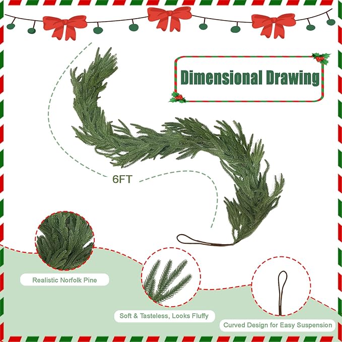 Christmas Garlands Norfolk Pine - Real Touch Pine Garlands - Garlands Christmas Decorations for Home Dining Table Mantel Porch Winter Christmas Decor(6ft)