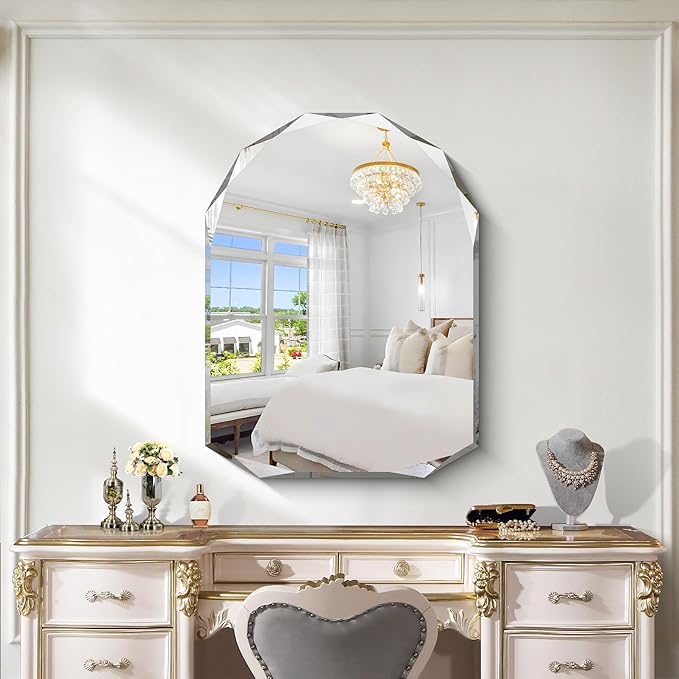KOCUUY 30"x40" Frameless Wall Mirror, Arched Shape with Diamond-Shaped Beveled Edge,Unframed Decorative with Upgraded Shatterproof Glass,Unique Frameless Mirror for Bathroom,Living Room,Bedroom
