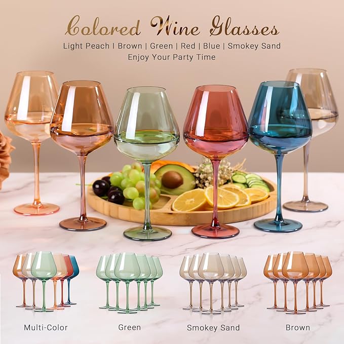 Physkoa Colored Burgendy Wine Glasses Set 6-18oz HandBlown Colorful Wine Glass With Long Stem,Multi Color Mothers Day Wine Glasses Gift for Women Mom