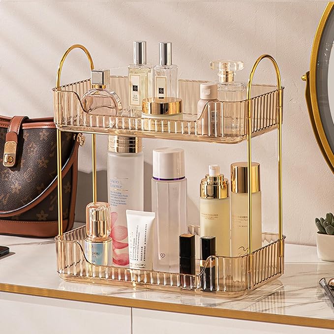 Aveniee Bathroom Counter Organizer, 2 Tier Perfume Skin Care Countertop Storage Shelf, Vanity Makeup Tray for Cosmetic Skincare Lotion, Gold