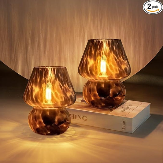 ONEWISH Mushroom Lamp Small Vintage Table Lamp for Bedroom Set of 2, Nightstand Bedside Lamp Translucent Glass Dimmable, Murano Aesthetic Home Decor for Living Room Kitchen Dorm(Black)