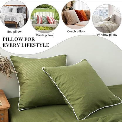 Simple&Opulence 100% Linen Euro Sham Covers with Piping Trim, 26"x26" Pillow Cover Set of 2, Breathable Pillow Shams for Bed Couch Decorative Cushions, Olive Green
