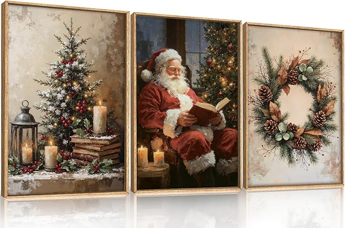 HOURIA Vintage Christmas Framed Canvas Wall Art Set,Santa Claus Reading Book Decor, Wreath Pinecone Berries Artwork,Cozy Night Tree Candle Lantern Prints for Living Room,Xmas Holiday Gifts- 24"x36"x3