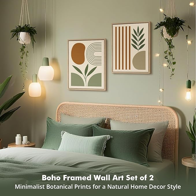 DAJONART Minimalist Boho Wall Art Set of 2,Sage Green & Olive Gray Abstract Prints Duo Framed Canvas for Modern Organic, Japandi, and Bedroom Decor,Neutral Earth-Tone Geometric Wall Decor,12x16 in