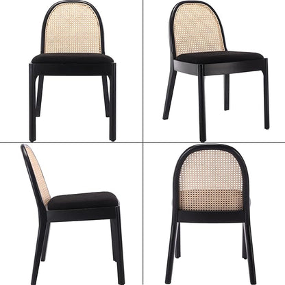 Mid Century Dining Chairs Set of 6, Rattan Sherpa Fabric Side Chairs Kitchen Chair with Solid Wooden Legs for Living Room Dining Room, Black
