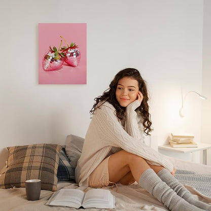 APJYM Funky Red Strawberry Wall Art, Trendy Retro Y2K Disco Ball Strawberry Canvas Wall Art, Aesthetic Posters for Girls Bedroom, Pink Room Decor Y2K, Preppy Room Decor, 11x14 Inches Framed