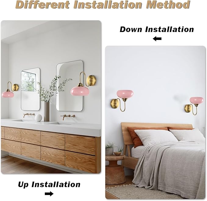 KCO Lighting Pink Wall Sconce Brushed Gold Bathroom Light Fixtures Glass Globe Wall Light Mid Century Modern Wall Sconce Vintage Bathroom Sconces Wall Lighting Set of 2