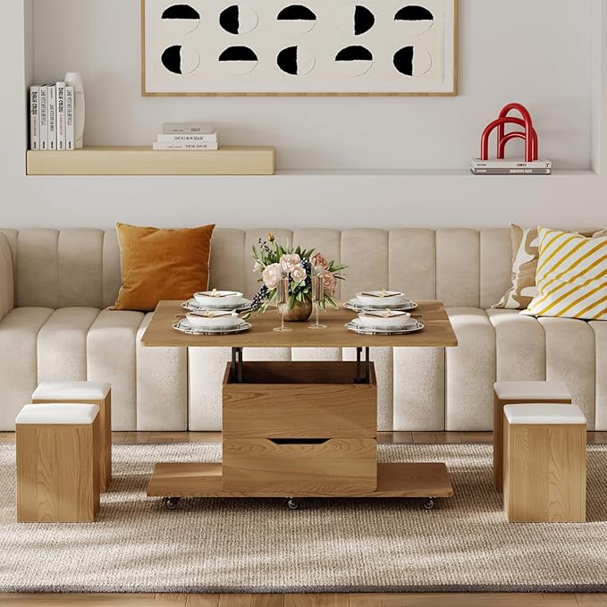 homary Natural Lift Top Coffee Table with Hidden Storage, 3 in 1 Multi-Function Modern Folding Center Table with 4 Stools and Casters