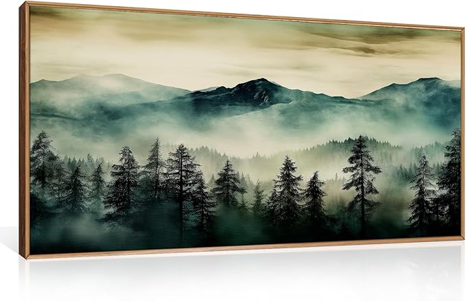 HOURIA Large Boho Mountain Forest Framed Canvas Wall Art Set,Nature Foggy Woodland Wall Decor,Modern Pine Tree Artwork,Watercolor Botanical Art Print for Living Room,Bedroom,Farmhouse- 20"×40"×1