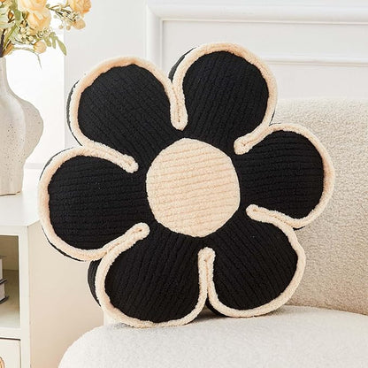 Flower Pillow, Soft Flower Decorative Throw Pillow, Cute Daisy Flower Shaped Seating Floor Cushion Room Décor Plush Pillows for Sofa Couch Bed (17.7 Inch, Black)