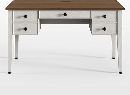 EUREKA ERGONOMIC Farmhouse Writing Desk, 55" Executive Office Desk with 3 Drawers,Keyboard Tray,Mid-Century Modern Computer Desk w Solid Wood Legs,Birch Finish,Antique White