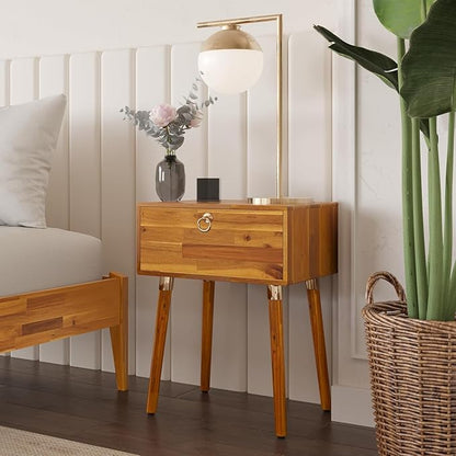 Bme Alden Solid Wood Bedside Table End Table with 1 Drawer for Mid Century Bedroom and Living Room, Caramel