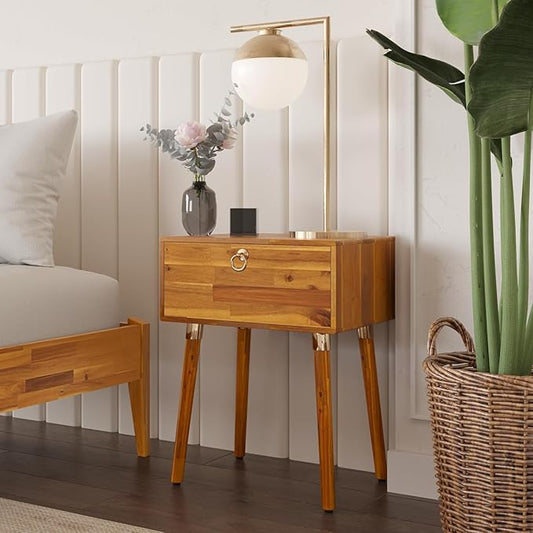 Bme Alden Solid Wood Bedside Table End Table with 1 Drawer for Mid Century Bedroom and Living Room, Caramel
