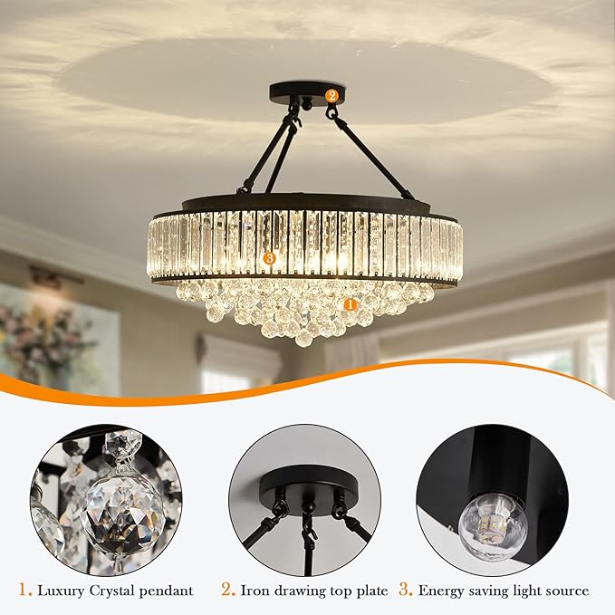 YYJLX 6-Light Modern Large Crystal Chandelier Black Metal E26 Semi Flush Mount Round Light Fixture Ceiling Lamp Farmhouse for Dining Living Room Laundry Foyer Kitchen Balcony Bedroom
