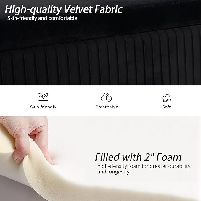 Velvet Storage Bench for Bedroom Upholstered End of Bed Bench Modern Ottoman with Gold Legs for Living Room/Window/Entryway (Black, Oval-45.5" W)