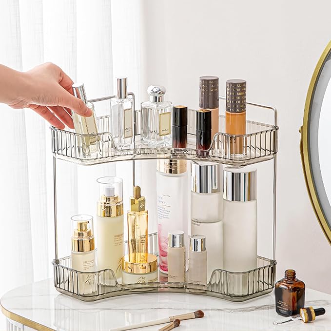 Aveniee Corner Bathroom Counter Organizer, Bathroom Countertop Shelf Makeup Organizer for Vanity Perfume Corner Storage (2 Tiers, Grey)