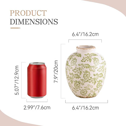 Ceramic Vintage Vase, Green Flower Decorative Vase Chinoiserie Decor Rustic Farmhouse Retro Floral Vases for Table Bookshelf Mantel Kitchen Living Room Office- 7.8inch Green