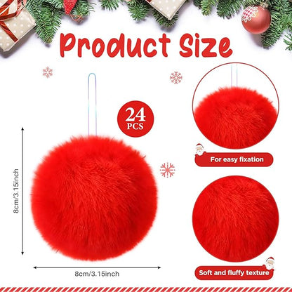 12Pcs Red Furry Christmas Ball Ornament for Xmas Tree Red Soft Faux Fur Pom Pom Ball Ornaments Christmas Tree Hanging Decorations for Winter Party Home Decor Costume Supplies