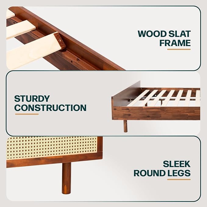 Bme Nancy Signature Bed Frame, Queen Bed Frame and Headboard Unique Geometric, Mid Century Modern, Solid Acacia Wood, No Box Spring Needed, 12 Strong Wood Slats Support, Easy Assembly, Dark Chocolate