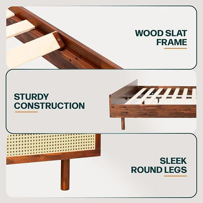 Bme Nancy Signature Bed Frame, Queen Bed Frame and Headboard Unique Geometric, Mid Century Modern, Solid Acacia Wood, No Box Spring Needed, 12 Strong Wood Slats Support, Easy Assembly, Dark Chocolate