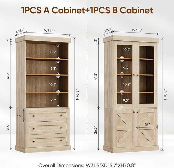 Vyre 71" Tall Farmhouse Bookshelves with Glass Doors and Drawers, Large Modular Bookcase with Adjustable Shelves, Rustic Storage Cabinet for Living Room and Kitchen, Set of 4, Brown