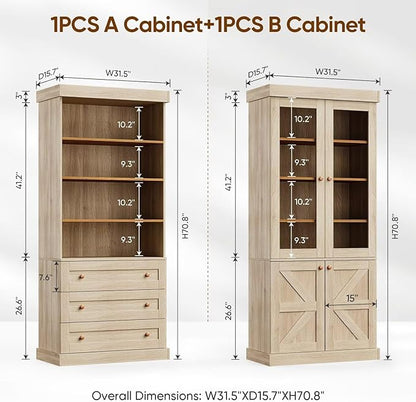 Vyre 71" Tall Farmhouse Bookshelves with Glass Doors and Drawers, Set of 2 – Large Modular Bookcase with Adjustable Shelves, Storage Cabinet for Living Room, Kitchen, Brown