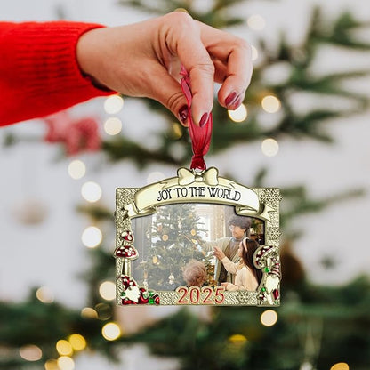 2025 Christmas Ornaments 3x2 inch Picture Frame Metal Hanging Pendant for Tree Small Decorative Keepsake, Display Photo for Baby and Pet (Gnome Gold (2025))