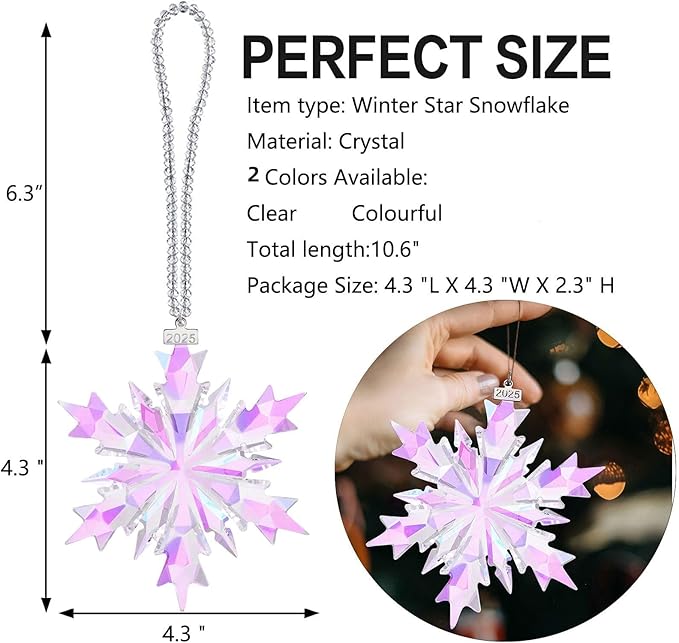 2025 Annual Edition Snowflake Crystal Christmas Ornament, Large Ornaments Display Winter House Decor with Gift Box(Colourful A)