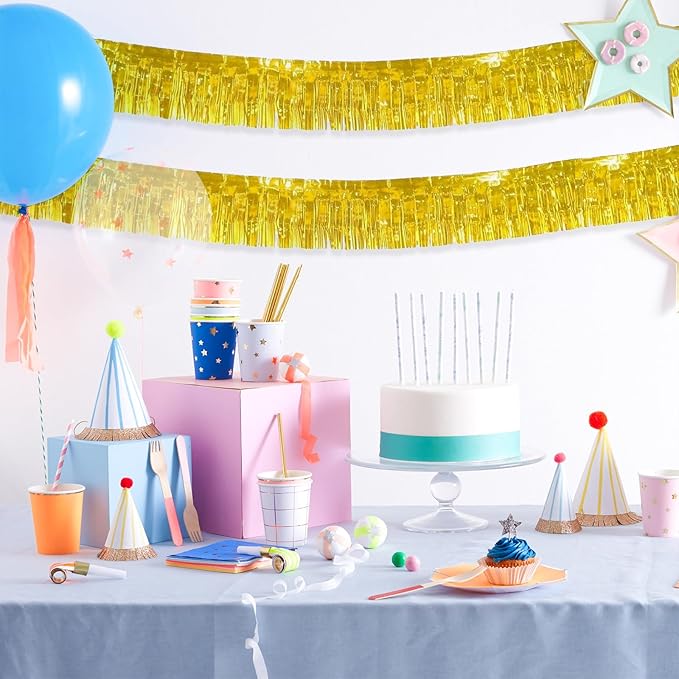 12 Pack 10 Feet Metallic Foil Fringe Garland Tinsel Streamers Banner, Gold Wall Hanging Tinsel Fringe Banners for Parade Floats, Wedding, Birthday, Christmas, New Year Party Decorations
