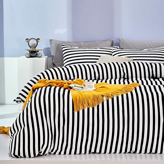CLOTHKNOW Striped Comforter Set Twin/Twin XL 3Pcs Black and White Bedding Comforter Sets Farmhouse Comforter Soft Ticking Bedding with 2 x Pillow Cases