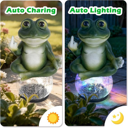 Meditating Frog Solar Garden Statue with Crackle Glass LED Light - Humorous Zen Yoga Animal Decor - Funny Gag Gifts for Patio Lawn and Pool Area - Christmas House Warming Gifts New Home