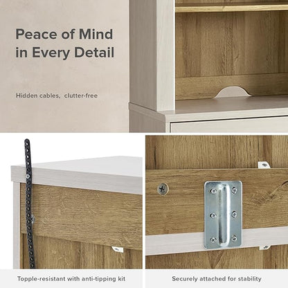 mopio Blake Storage Cabinet with Hutch, Sideboard Buffet Cabinet with Storage, Kitchen Pantry Organizer, Coffee Bar Station, Trophy Display Case with Door & Shelf for Living Room (White Oak Dresser)