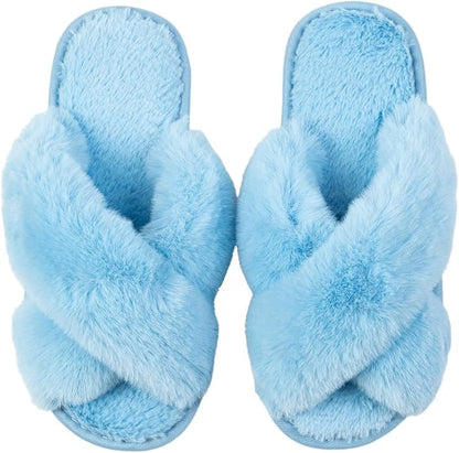Women's Slipper Memory Foam Cross Band Fuzzy Slippers Open Toe Cozy House Slippers Cozy Plush Bedroom Indoor Outdoor