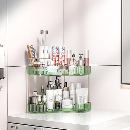 2 Tier Corner Bathroom Organizer Countertop, Vanity Makeup Organizer with Brush Holder, Space-Saving Skincare Storage Corner Shelf for Bathroom, Kitchen