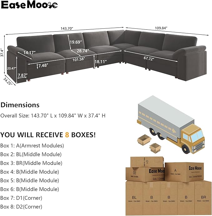EASE MOOSE Oversized Sectional Modular Sofa,Large L Shape Sectional Couch Wide Deep Seat Modular Cloud Couch,Removable Cover