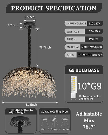 Modern Crystal Chandelier for Dining Room, 31.5" 10-Light Black Tree Branch Chandeliers, Luxury K9 Crystal Rectangular Chandeliers for Kitchen Island Living Room