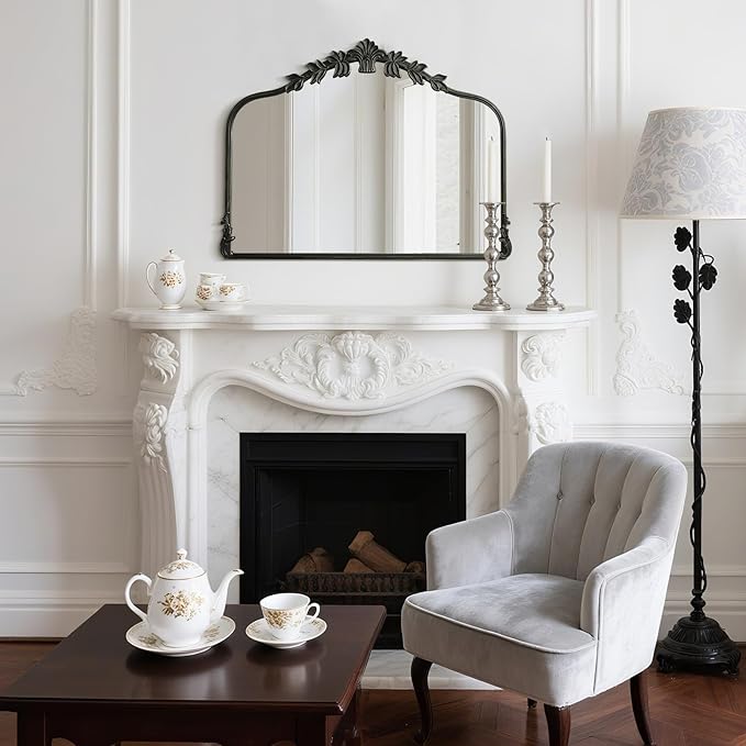 WallBeyond Black Antique Mirror for Vanity 32x24 Inch, Black Vintage Mirror with Ornate Frame, Arched Vintage Wall for Bathroom, Living Room, Fireplace