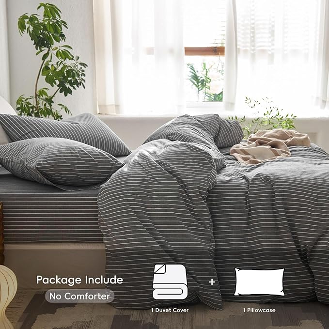 MooMee Striped Duvet Cover Set 100% Washed Cotton Linen Like Textured Breathable Durable Soft Comfy (Dark Grey White Wide Stripes, Twin 68"x90")