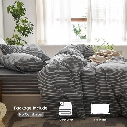 MooMee Striped Duvet Cover Set 100% Washed Cotton Linen Like Textured Breathable Durable Soft Comfy (Dark Grey White Wide Stripes, Twin 68"x90")