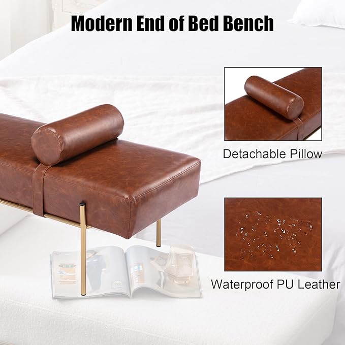 Modern End of Bed Bench, Upholstered Entryway Bench with Detachable Pillow for Living Room, PU Leather Ottoman Bench with Gold Metal Legs, Comfy Cushion Bedroom Decoration Benches (Brown)