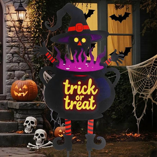 Witch Halloween Decorations Cauldron 39.7 inch with Trick or Treat Sign, Large Halloween Yard Stakes Metal for Garden, Lawn, and Outdoor Spooky Yard Decorations