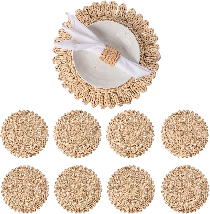 13.8" Set of 8 Round Corn Husk Placemats | Boho Woven Rattan Table Mats | Farmhouse Wicker Spring Plate Chargers Like Water Hyacinth, Seagrass for Wedding, Party, Christmas, Events
